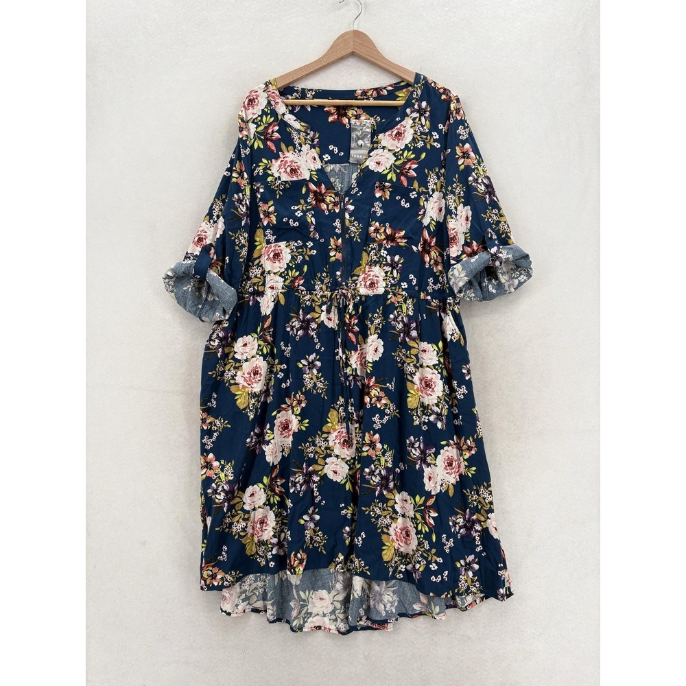 Torrid Dress Womens 2X Blue Floral 3/4 Bell Sleeve Fit & Flare Stretch Midi NWT